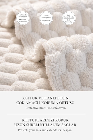 Soft Kürklü Koltuk Örtüsü 170x215 Cm Yumuşak Peluş Kaymaz Taban Kanepe Örtüsü Krem Kırık Beyaz
