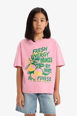 DeFacto Kız Çocuk Oversize Geniş Kalıp Bisiklet Yaka Baskılı Kısa Kollu Tişört E0386A825SMPN666 Pembe