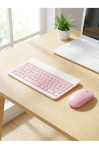Kablosuz Bluetooth Klavye Ve Dongle Lı Mouse Seti Şarjlı Klavye Ve Fare Kombinasyonu Pembe