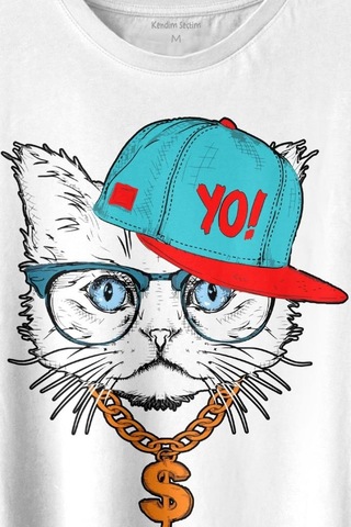 Gözlüklü Kedi Cat Glasses Yo Momy Dolar Baskılı Tişört Unisex T-shirt 001