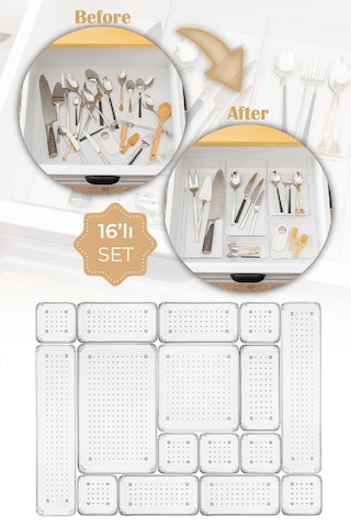 Vienev 16lı Şeffaf Çekmece Içi Organizer 1x O.dkdrtgn,b.kare 2x D.dkdrtgn 5x K.dkdrgn 7x K.kare