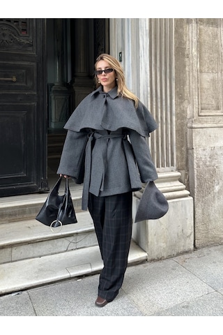 Antrasit Livia Pelerin Detaylı Kaşe Kaban Antrasit