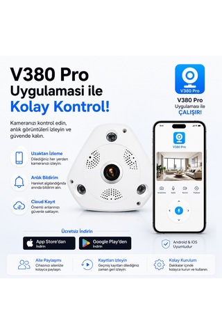 Uninet 360 Derece Balık Gözlü Wifi Güvenlik Kamerası Uzaktan Izleme, Hareket Bildirimi Ve Bulut Kayıt Yapabilen Ip Kamera