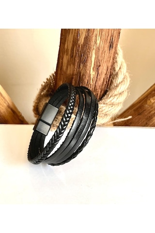 Hakiki Deri 5li Siyah Erkek Bileklik 21 Cm Türk El Üretimi Siyah