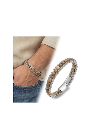 Moncuk Design Odun Jasper Doğal Taşlı Hasır Örgü Zincirli Erkek Çelik Bileklik 33512b28d3 Çok Renkli