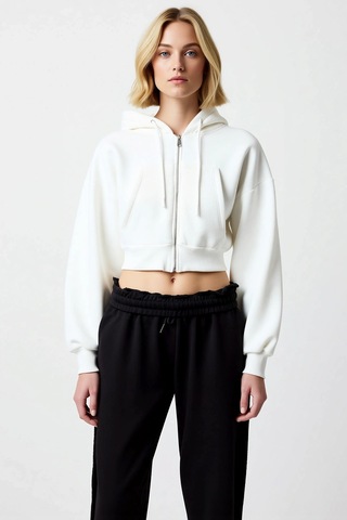 Benerly Kadın Kapüşonlu Düşük Kol Fermuarlı Örme Sweatshirt Fonksiyonel D Ekru