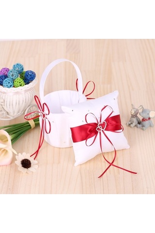 Novahub Şık Düğün Seti: Beyaz Kurdeleli Çiçek Sepeti, Yüzük Yastığı, 15x15x5, 22.5x13x12, Renk: Beyaz/mavi/mor/kırmızı Diğer