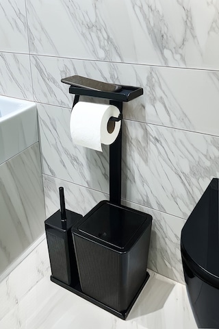 3'ü 1 Arada Banyo Seti Tuvalet Kağıtlık, Çöp Kovası Ve Tuvalet Fırça Takımı Siyah