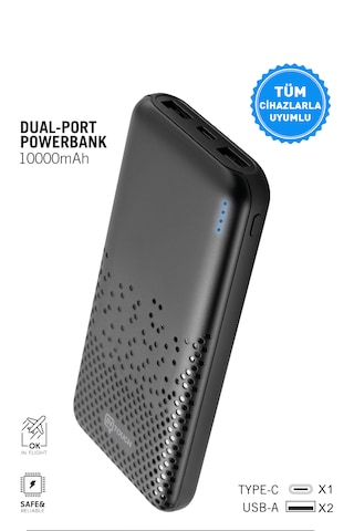 10.000 Mah Slim Dual Port Powerbank Tüm Cihazlarla Uyumlu Taşınabilir Şarj Cihazı Siyah
