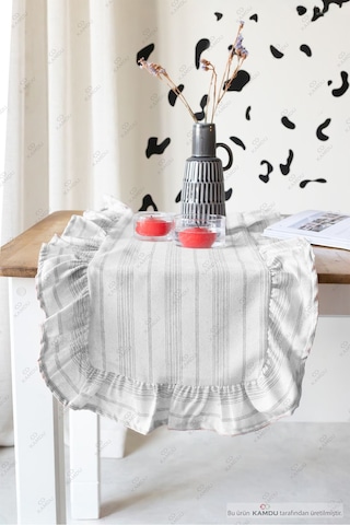 Siyah Süprem 40x125 Cm Vintage Fırfırlı %100 Keten Pamuklu Amerikan Runner Bej