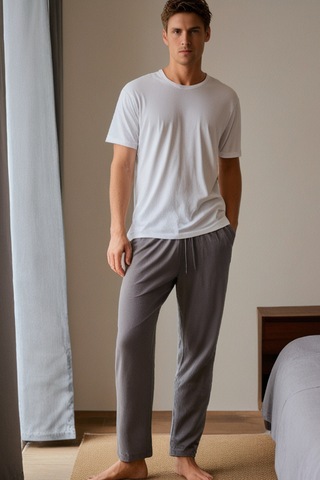 Elemge %100 Pamuk Süprem Erkek Pijama Altı Gri Cepli Rahat Kalıp Relax Fit Lastikli Ipli Terletmez Esnek