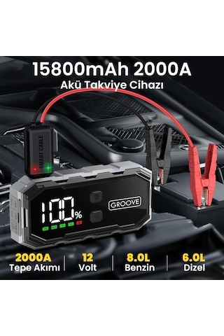 Groove F11 15800mah 2000a Akü Takviye Cihazı Taşınabilir Jump Starter Powerbank+Led Lamba+Lcd Ekran