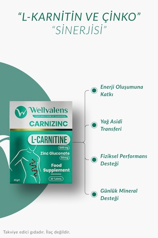 Carnizinc L-karnitine 1000 Mg + Çinko Desteği 30 Tablet