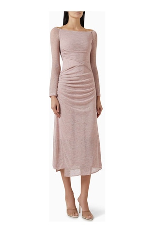 Eegen Studio Boat - Neck Midi Elbise - Rib - Knit, Uzun Kol & Toplanmış Bel Pembe