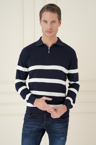 Efor Slim Fit Çizgili Fermuarlı Polo Yaka Lacivert Triko Kazak Tr 877 Lacivert