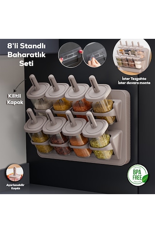 Porsima 1123 8'li Standlı Kaşıklı 360 Döner Kapaklı Baharatlık Cappuccino