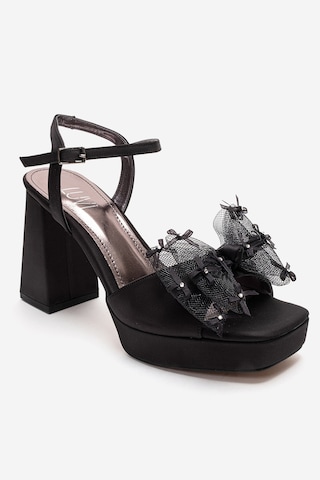 Luvishoes Marısol Siyah Saten Taşlı Fiyonklu Kadın Topuklu Ayakkabı