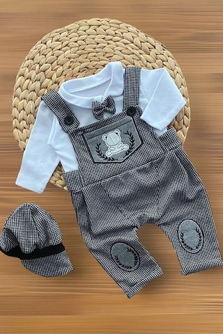 Erkek Bebek Ayıcıklı Salopet Takım - Kasketli, Papyonlu 3 Lü Set Gri