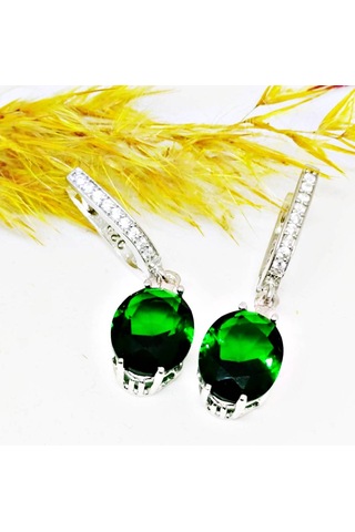 Lilahgümüştr Gümüş Oval Yeşil Taşlı Kadın Kolye Küpe Set