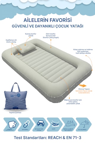 Livenzi Nature Çocuk Şişme Yatak & Yastık + Manuel Şişirme Pompası 160 105 24 Cm Bej
