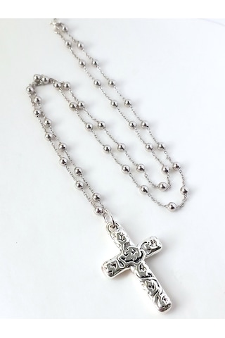 Top Zincirli Bombe İşlemeli Haç Tasarım Gümüş Erkek Kolye