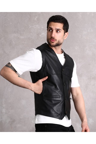 Hakiki Deri Yelek Yandan Cepli Erkek Siyah