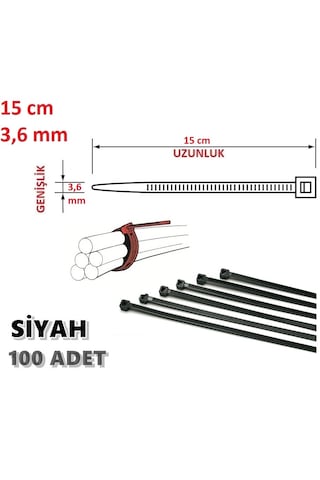 100 Adet 15cmx3,6mm Siyah Plastik Cırt Kelepçe Kablo Bağı