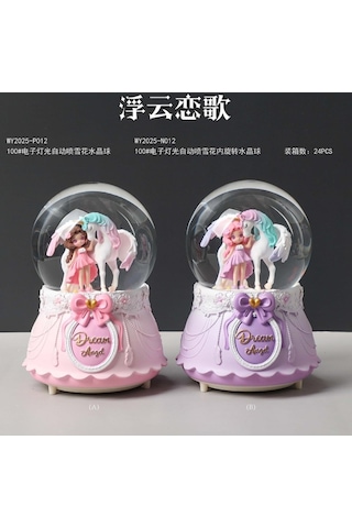 Pembe Unicorn Ve Sevimli Kız Temalı Büçük Boy Püskürtmeli Müzikli Işıklı Kar Küresi