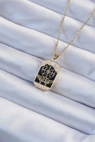 316l Çelik Zincir Gold Renk İşlemeli Siyah Mineli Tarot Kolye çok renkli