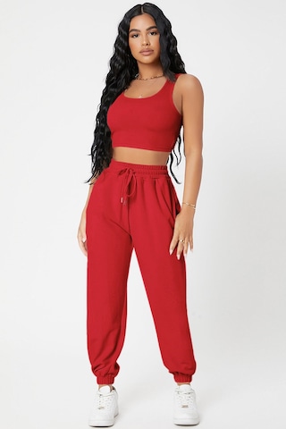 Modi Kadın Kırmızı Kaşkorse Cepli Jogger Eşofman Altı Ve Crop Top Bluz