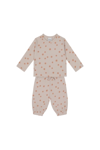 Antebies Bej Kır Çiçekleri Desenli Bambu Kumaş Bel Lastikli Bağcıklı Uzun Kollu Kız Bebek Tshirt Pantolon Set Krem
