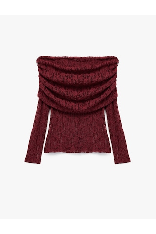 Koton Koton X Sibil Çetinkaya - Uzun Kollu Yarı Transparan Açık Omuz Dantelli Bluz Bordo 6wak80072pk Bordo