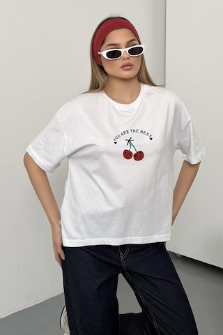 Giysa Kadın Kiraz Baskılı Pamuklu T-shirt Beyaz - 26y 26519