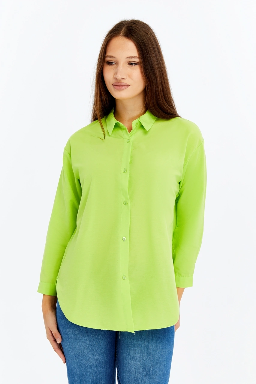 Kadın Uzun Kollu Düğmeli Basic Gömlek Yeşil Rahat Kalıp Günlük & Ofis Şıklığı Yeşil