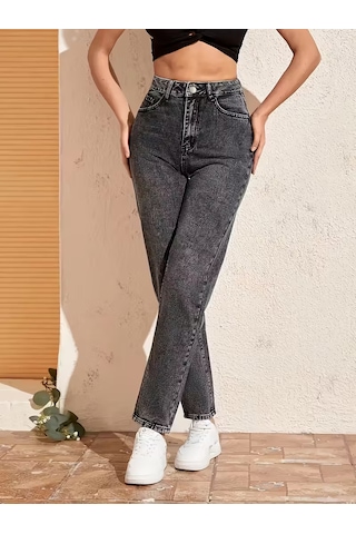 Layal My Beauty Jeannine Kadın Jeans Yüksek Bel Mom Boyfriend Dar Paça Denim Kot Pantolon Füme
