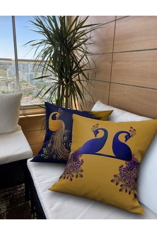 Tavus Kuşu Desenli 2’Li Kadife Kumaş Kırlent Kılıf