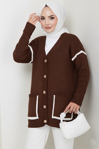 İlge Düğmeli Triko Hırka 1597 - Kahve Kahve