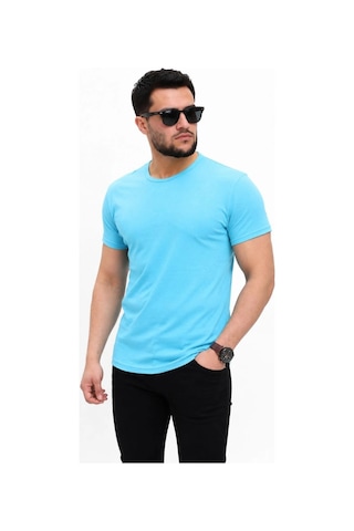 Novalisse Erkek Basic Tişört Bisiklet Yaka Kısa Kol Günlük Yazlık Slim Fit T-shirt - Açık Mavi Çoklu Renk