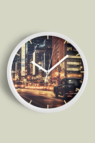 Klasik Araba Ve Gece Şehir Modern Duvar Saati - 35cm - Önü Camlı Beyaz Kasa - Sessiz Mekanizma Beyaz