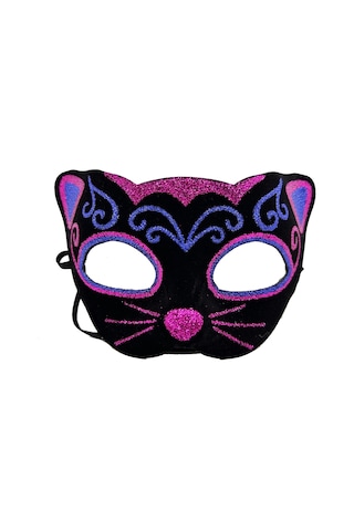 Siyah Kadife Kaplama Üzeri Pembe Mavi Sim İşlemeli Kedi Maskesi 20x13 Cm Yetişkin