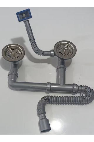 Geylani Çöpmak Çiftli Eviye Sifonu Taşmalı Körüklü Gri 11,5cm