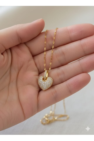 Çelik Zirkon Taşlı Gold Renk Kalpli Kolye Altın