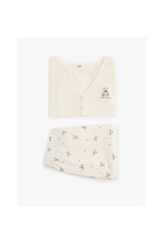 Koton Ayıcık Baskılı Pamuklu Rahat Kalıp V Yaka Kısa Kollu Pijama Takımı Ekru 7wlk40214mk