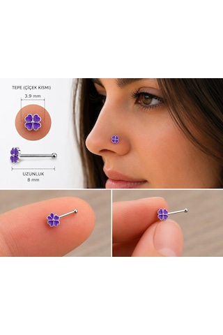 925 Ayar Gümüş Burun Hızması Mor Çiçek Desenli Minimal Nose Stud Kadın Erkek Unisex 8 Mm Gri