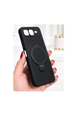 İnfinix Smart 10 Plus İle Uyumlu 360 Derece Dönebilen Kalın Metal Magsafe Halka Stantlı İçi Kadife Korumalı Ultra Lüx Premium Silikon Kılıf Siyah