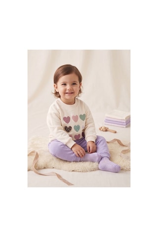 Deniva Kids Kız Bebek Ekru Lila Kalp Baskılı İki İplik Pamuklu Sweatshirt Eşofman Altı 2'li Takım Mor