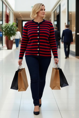 Frm Kadın Büyük Beden Moda Şık Regular Bisiklet Yaka Uzun Kol Çizgili Lacivert - Kırmızı