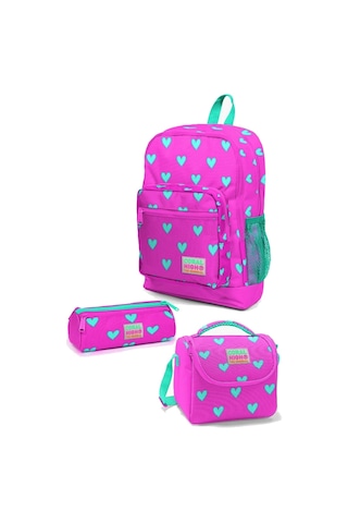 Coral High Kids Neon Pembe Su Yeşili Kalp Desen 3'lü Okul Çanta Seti Goset0123113