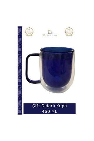 Camkupa Isı Yalıtımlı Modern Tasarım 450 Ml Kapasite Kaliteli Çift Cidarlı Cam Kupa Lacivert Çok Renkli