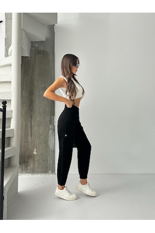 Kadın Paça Lastik Kargo Cep Keten Mom Pantolon Siyah